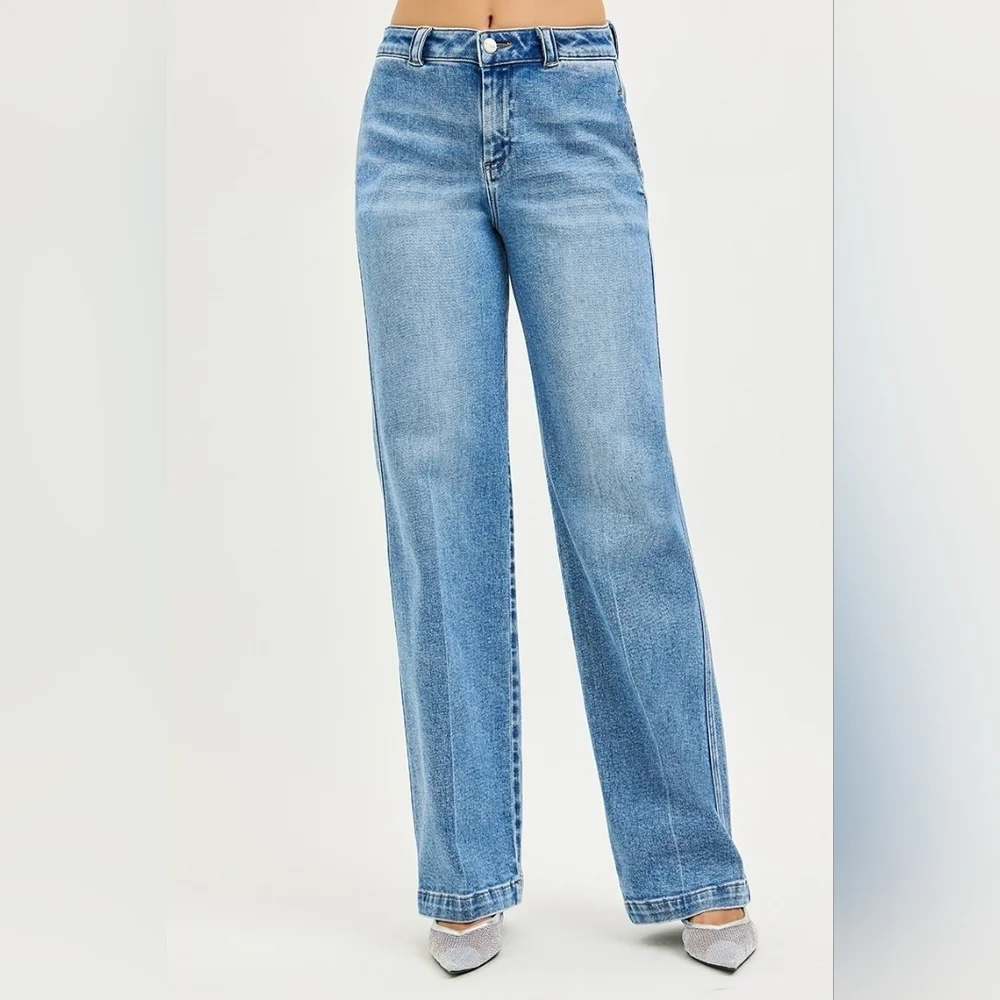 RISEN High Rise Medium Wash Slouchy Straight Fit Jeans Trouser Various NEW